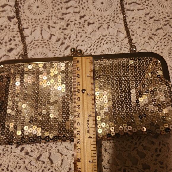 Ann Taylor Loft Metallic Sequined Gold Purse Clutch Evening Bag Holiday Party - Picture 6 of 9